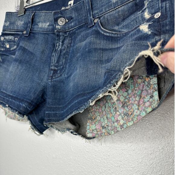 7 For All Mankind Dark Blue Distressed Low Rise Raw Hem Jean Shorts 29 - Picture 4 of 14